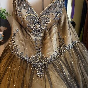 Embellished Plus Size Sparkle Strapless Ball Gown in Champagne and Black